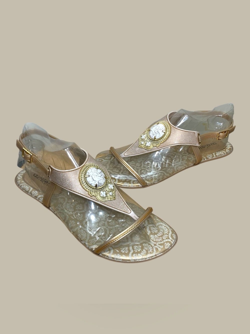 Azaleia Tan Bronze T-Strap Sandals 8 Gold Stones Ankle Strap Light Comfy Shoes